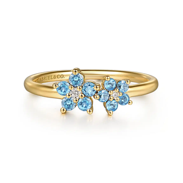 14K Yellow Gold Diamond And Blue Topaz Flower Ring