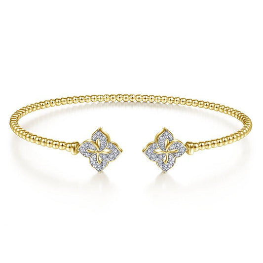 14K Yellow Gold Split Cuff Bracelet with Diamond Flower Caps
