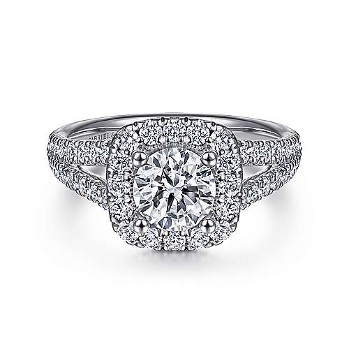 14K White Gold Cushion Halo Round Diamond Engagement Ring