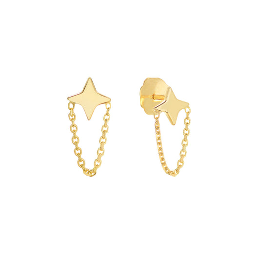 14K Yellow Gold Star with Chain Drape Studs