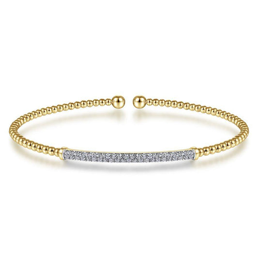 14K Yellow Gold Split Cuff Bracelet with Diamond Pave Bar