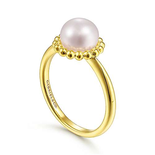 14K Yellow Gold Pearl Ring with Beaded Halo