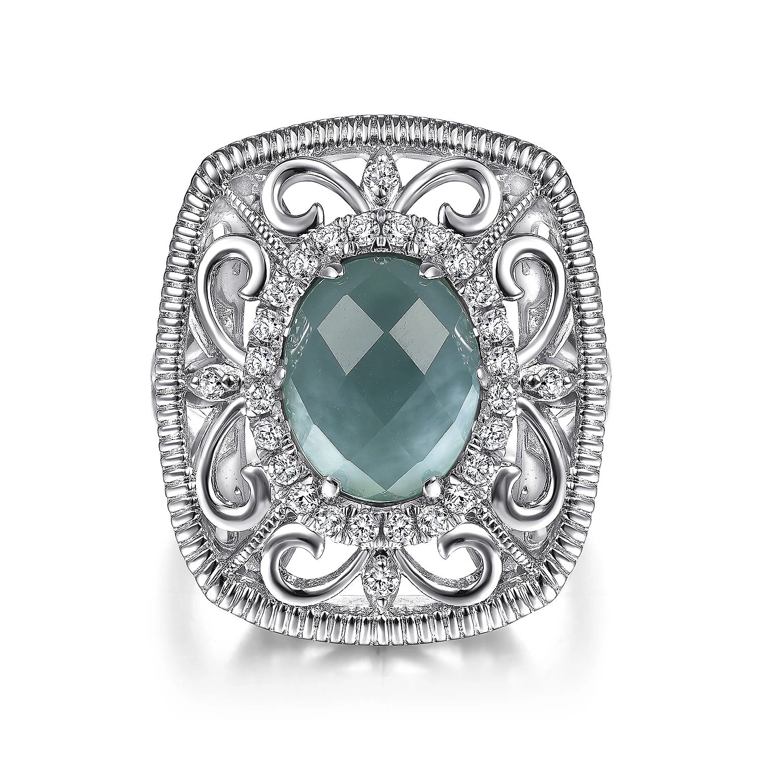 Sterling Silver Filigree Ring with Rock Crystal Green Onyx White Sapphire