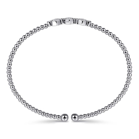 14K White Gold Bujukan Bead Cuff Bracelet with Cluster Diamond Hexagon Stations