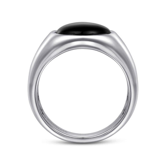Wide 925 Sterling Silver Signet Ring with Onyx Stone in Sand Blast Finish