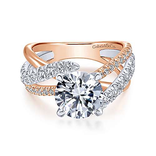 14K White-Rose Gold Round Free Form Diamond Engagement Ring