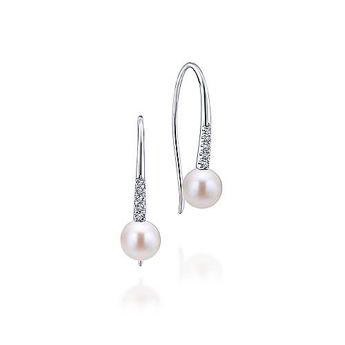 14K White Gold Diamond and Cultured Pearl Drop Earrings