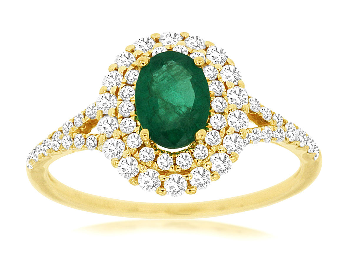 14K Yellow Gold Oval Emerald with Double Halo Gemstone Ring