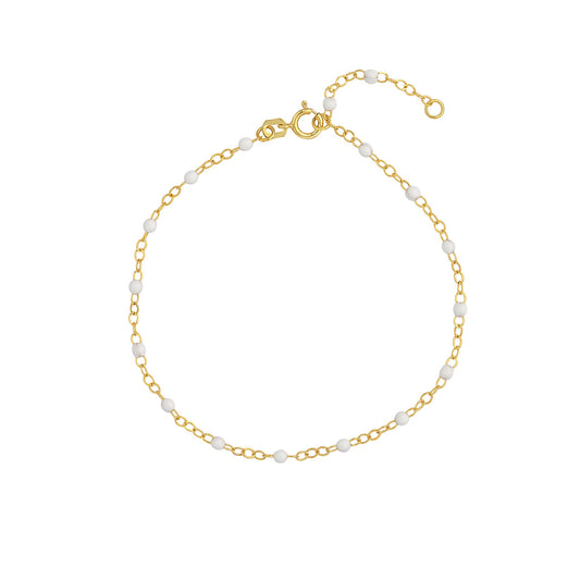 14K Yellow Gold White Enamel Beads & Piatto Chain Bracelet