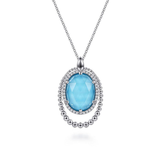 Sterling Silver Oval Turquoise with White Sapphires Necklace