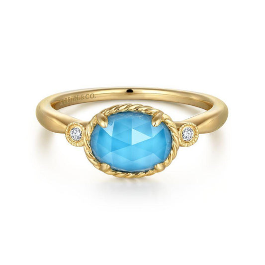 14K Yellow Gold Oval Rock Crystal Turquoise Diamond Ring