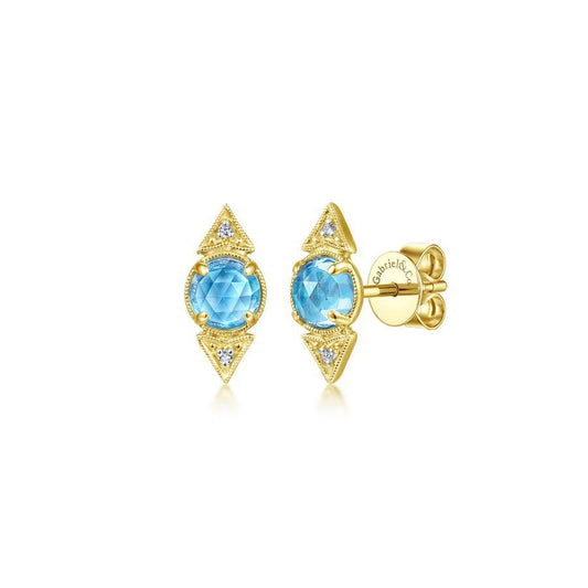14K Yellow Gold Swiss Blue Topaz and Diamond Vintage Inspired Studs