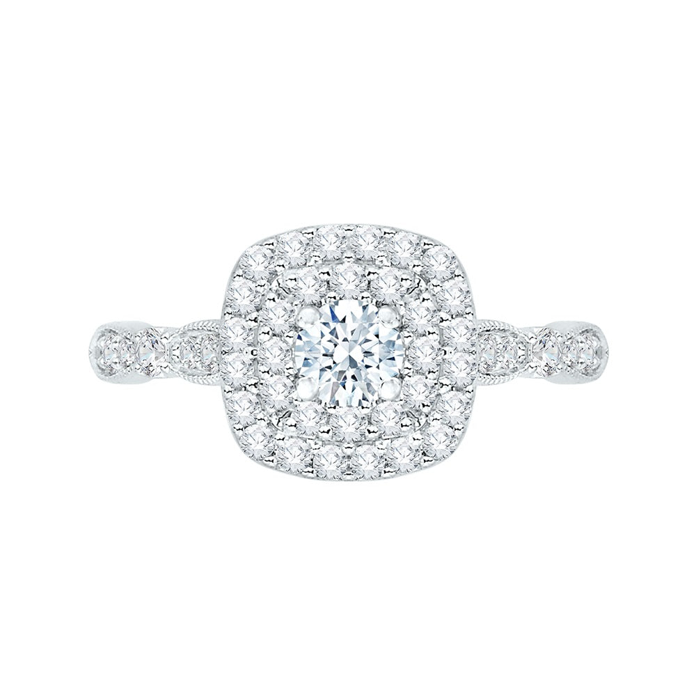 14K White Gold Round Diamond with Double Square Halo Engagement Ring