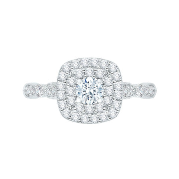 14K White Gold Round Diamond with Double Square Halo Engagement Ring