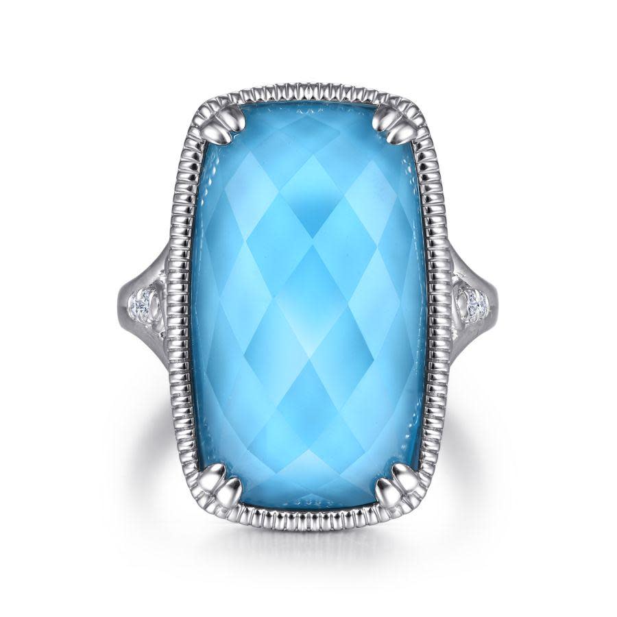 Sterling Silver Rock Crystal Turquoise Long Cushion Cut Ring
