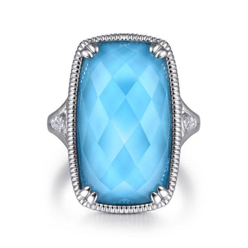 Sterling Silver Rock Crystal Turquoise Long Cushion Cut Ring
