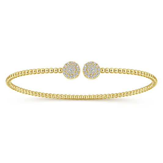 14K Yellow Gold Bead Split Cuff Bracelet with Round Pave Diamond Discs