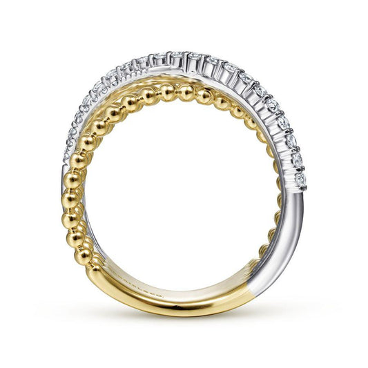 14K White-Yellow Gold Bujukan Ball and Diamond Criss Cross Ring