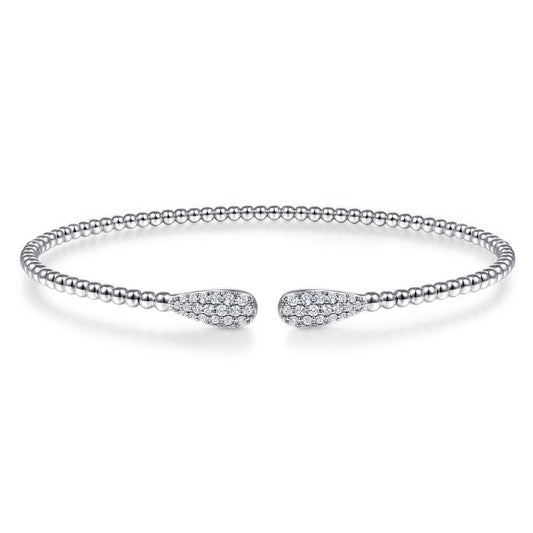 14K White Gold Bead Cuff Bracelet with Diamond Pave Teardrops