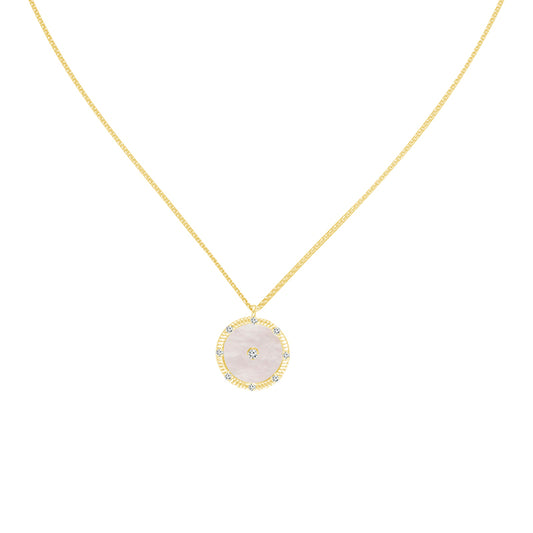 14K Yellow Gold Mother of Pearl and Diamond Medallion Necklace