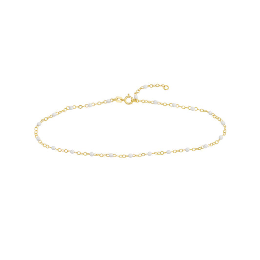 14K Yellow Gold White Enamel Beads & Piatto Chain Anklet