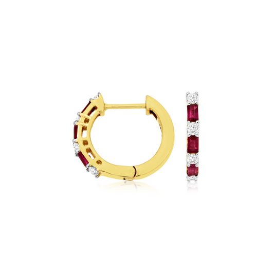 14K Yellow Gold Ruby and Diamond Hoop Earrings