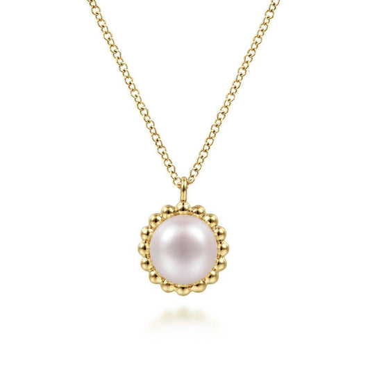 14K Yellow Gold Round Pearl Pendant Necklace with Beaded Frame
