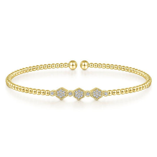 14K Yellow Gold Bead Cuff Bracelet with Cluster Diamond Hexagon Stations