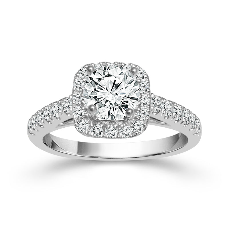 14K White Gold Round Diamond with Cushion Halo Engagement Ring