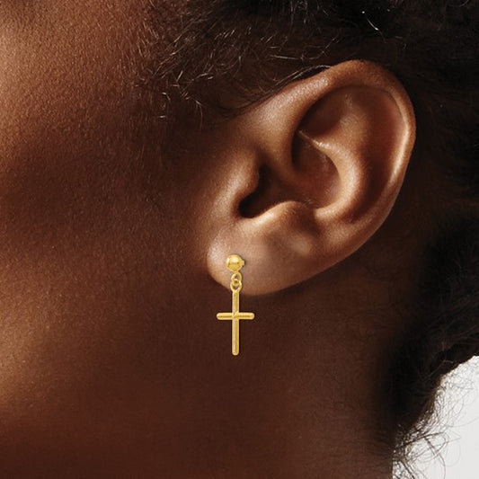 14K Yellow Gold Polished Cross Dangle Earrings