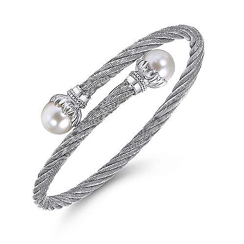 Sterling Silver and Twisted Cable Stainless Steel Cultured Pearl Bypass Bangle