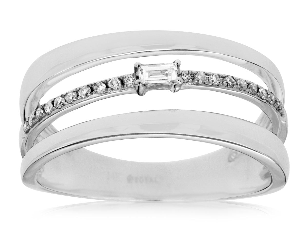 14K White Gold Pave and Baguette Three Row Band