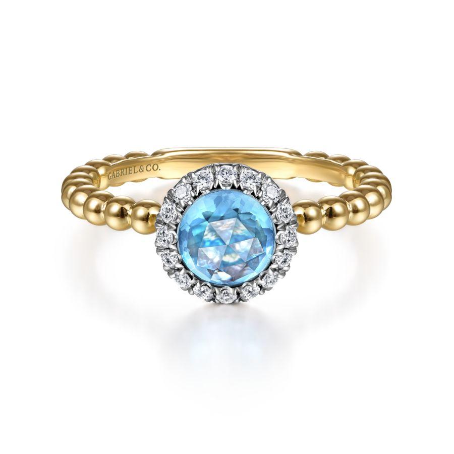 14K Yellow Gold Round Blue Topaz and Diamond Halo Ring