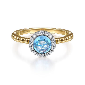 14K Yellow Gold Round Blue Topaz and Diamond Halo Ring