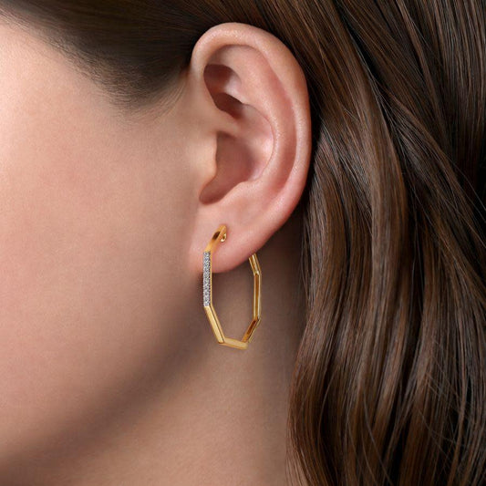 14K Yellow Gold 30MM Octagon Diamond Hoop Earrings