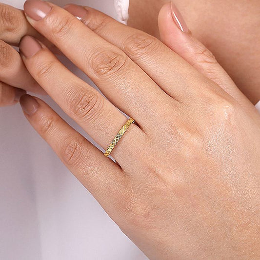 14K Yellow Gold Textured Checkered Stackable Ring