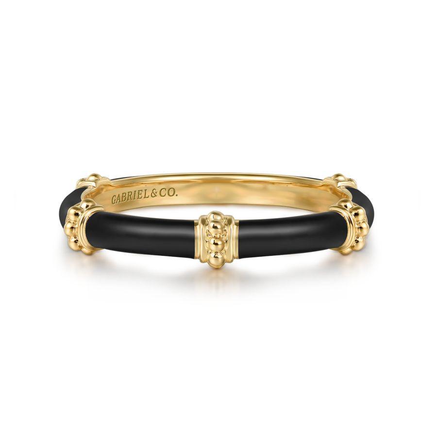 14K Yellow Gold Bujukan Stackable Ring with Black Enamel