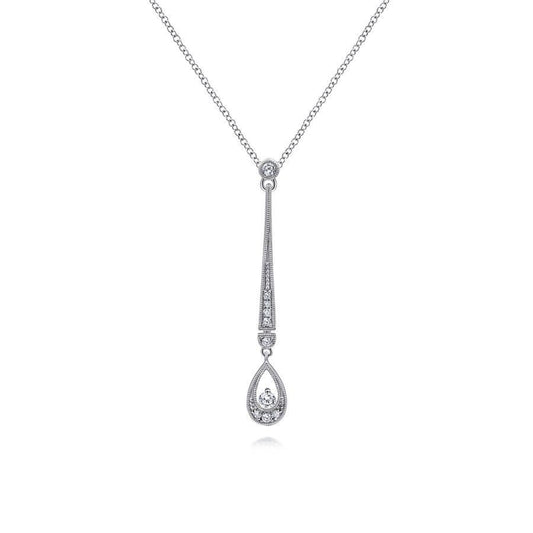 14K White Gold Diamond Bar and Teardrop Pendant Necklace