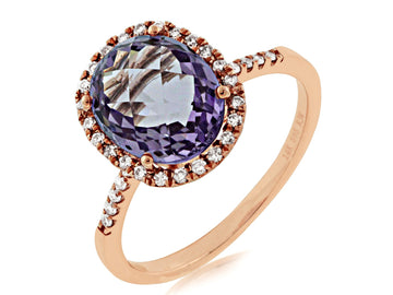 14KT PG .21CTW AMETHYST/PAVE DIAMOND RING(O3.00CT AME)
