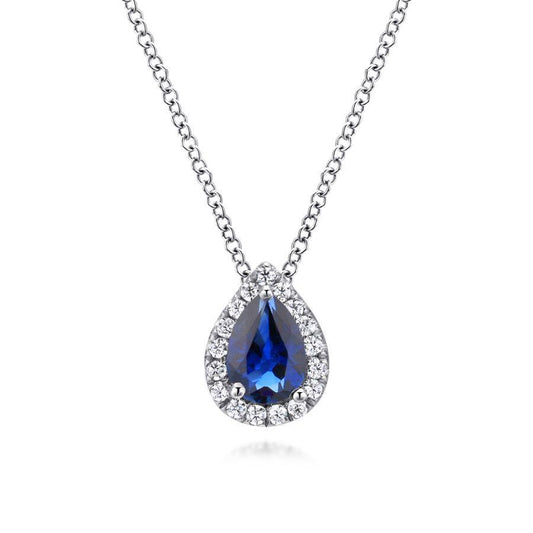 18" 14K White Gold Pear Shaped Sapphire and Diamond Halo Pendant Necklace