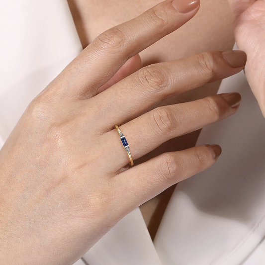 14K Yellow Gold Diamond and Blue Sapphire Stackable Ring