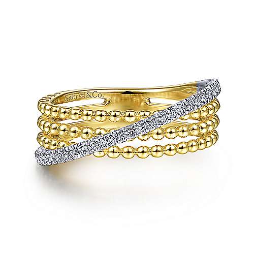 14K White-Yellow Gold Three Row Bujukan Ball and Diamond Band Ring