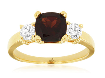 14K Yellow Gold Garnet and Diamond Three Stone Ring