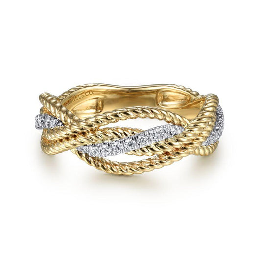 14K White-Yellow Gold Twisted Rope and Diamond Intersecting Ring