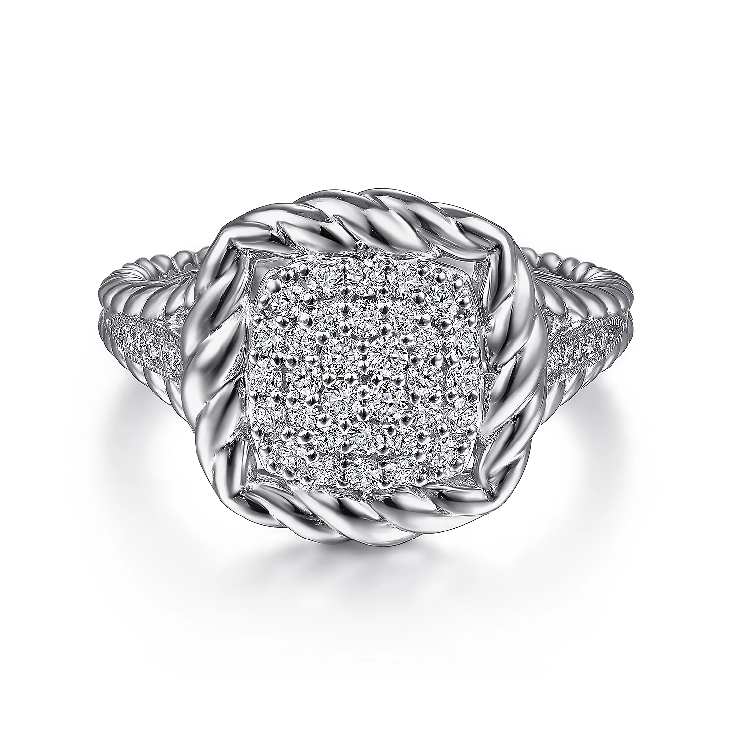 Sterling Silver White Sapphire Pave Ring with Rope Frame