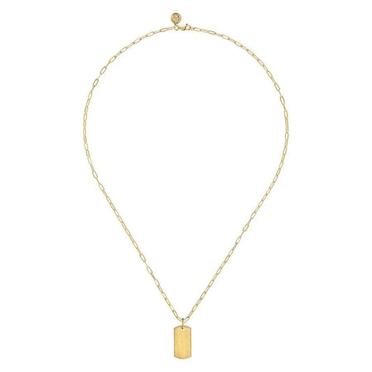 14K Yellow Gold Dog Tag Pendant Hollow Chain Necklace