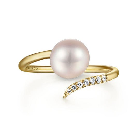 14K Yellow Gold Cultured Pearl and Diamond Open Wrap Ring