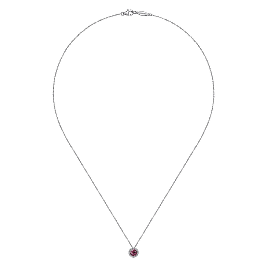 14K White Gold Pink Tourmaline & Diamond Halo Pendant Necklace