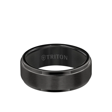 Men's 8MM Black Tungsten Carbide Ring with Satin Center and Step Edge