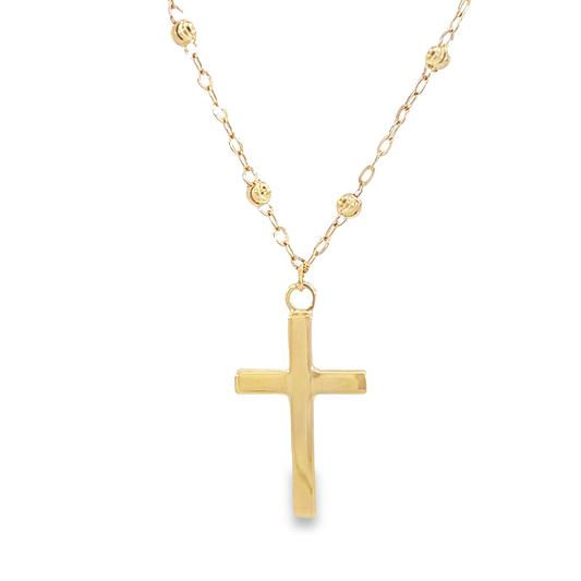 10K Yellow Gold Cross Pendant on Beaded Chain